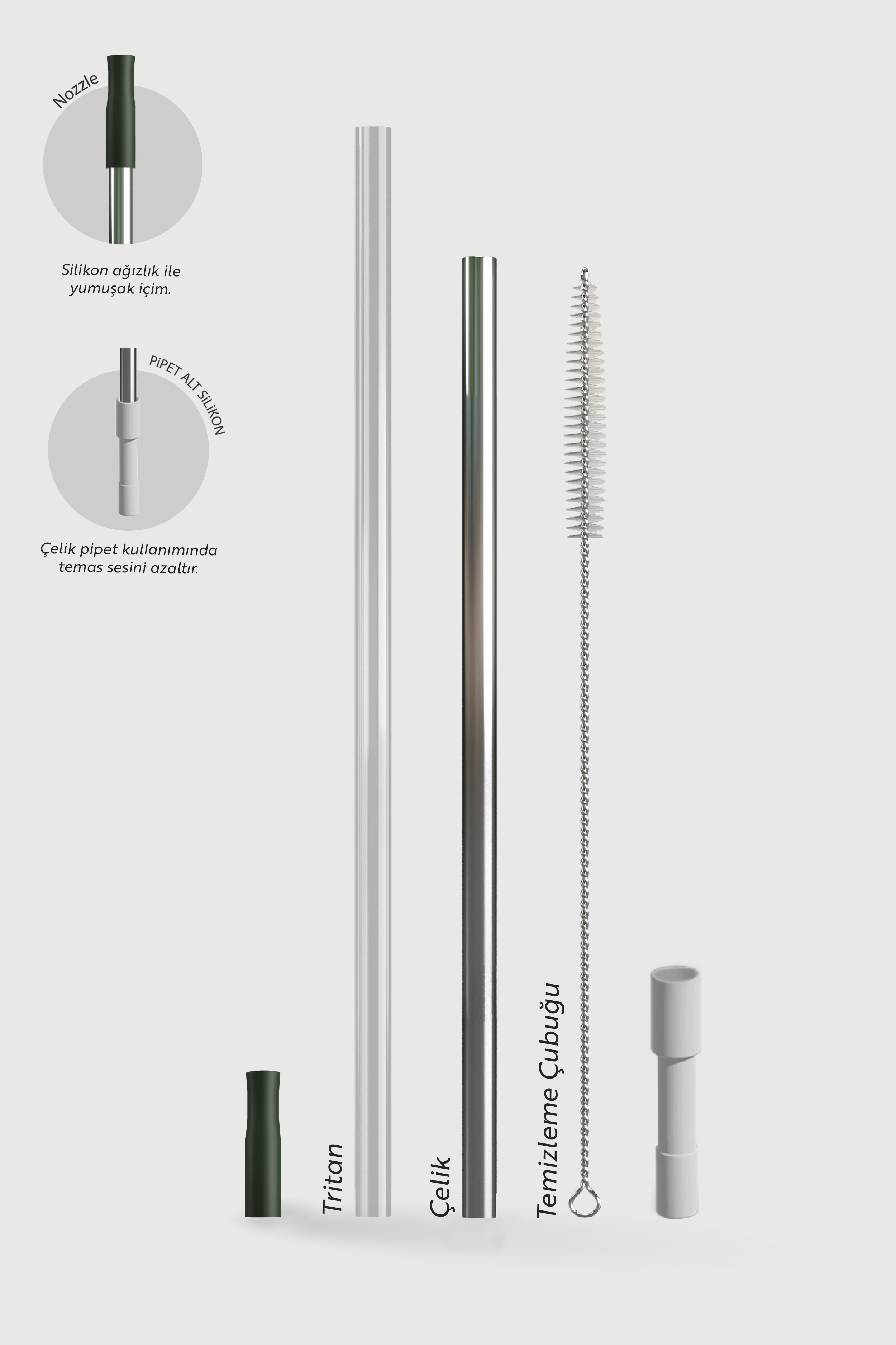 Pipet seti: Tritan pipet, metal pipet, temizleme fırçası, silikon başlık.