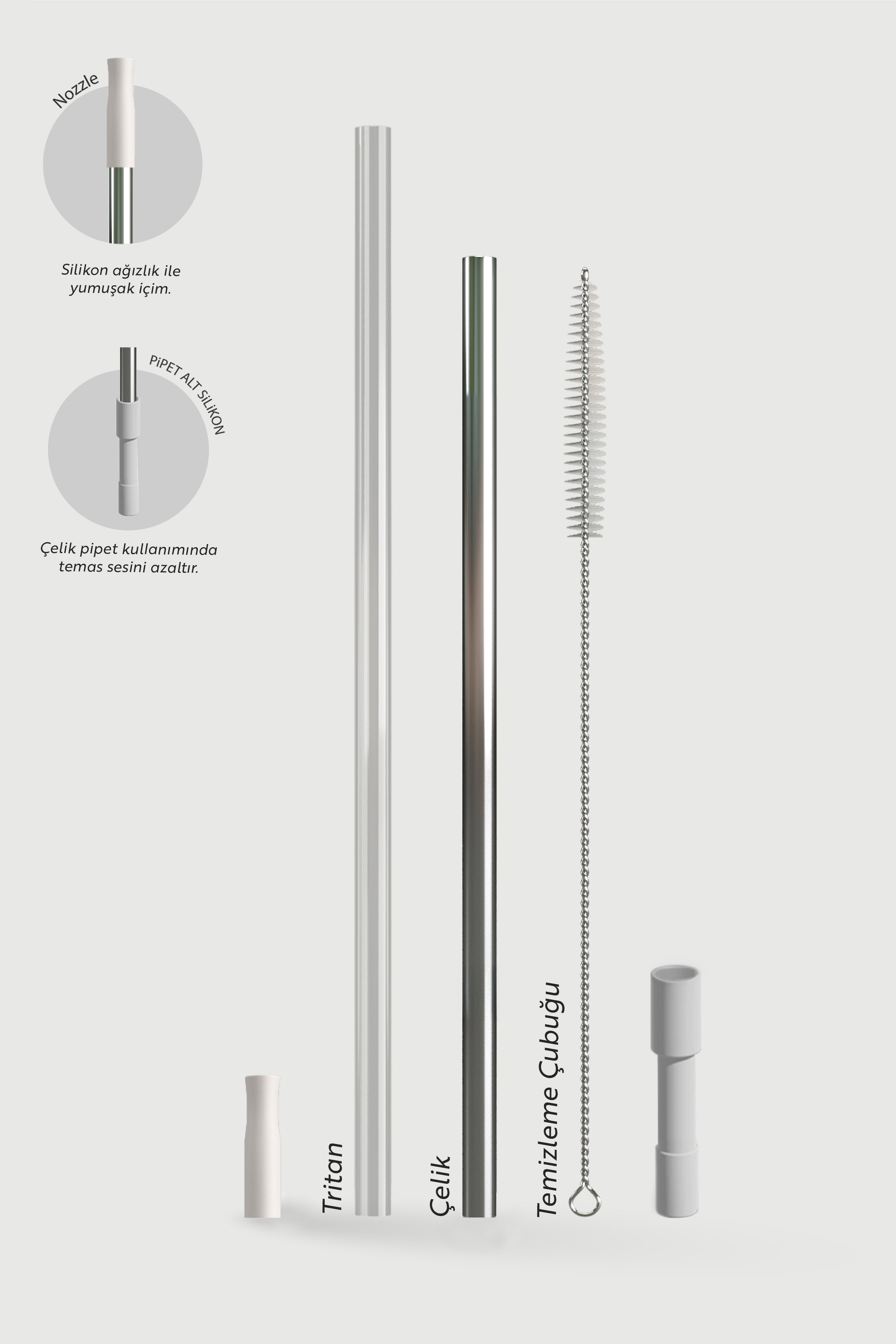 Beyaz arka planda çeşitli pipetler ve temizleme fırçası.