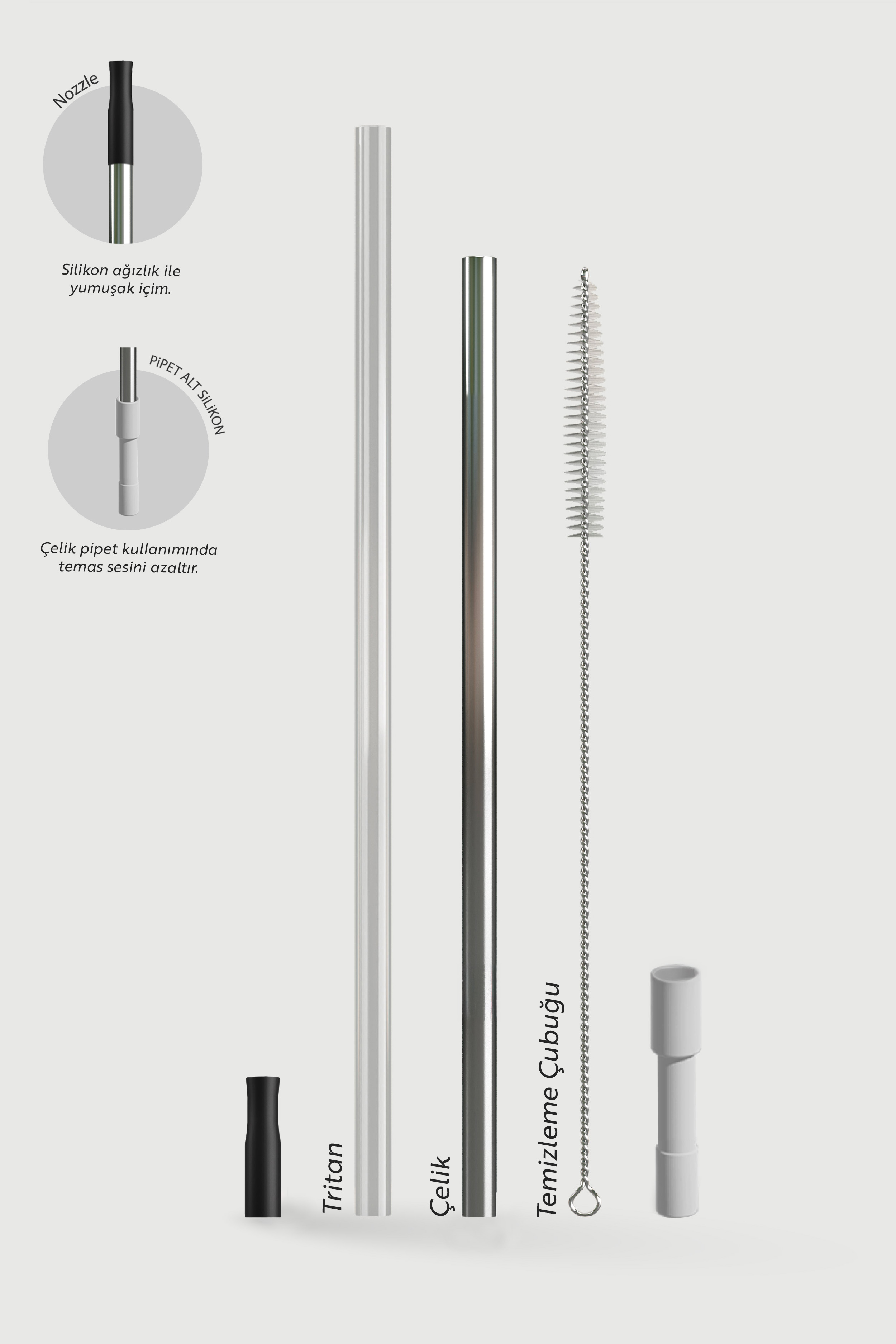 Açık renkli arka planda çeşitli pipetler ve fırça.