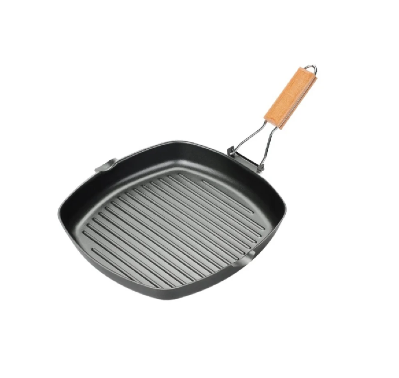 Eine rechteckige Grillpfanne aus schwarzem Metall mit geripptem Boden und Holzgriff.