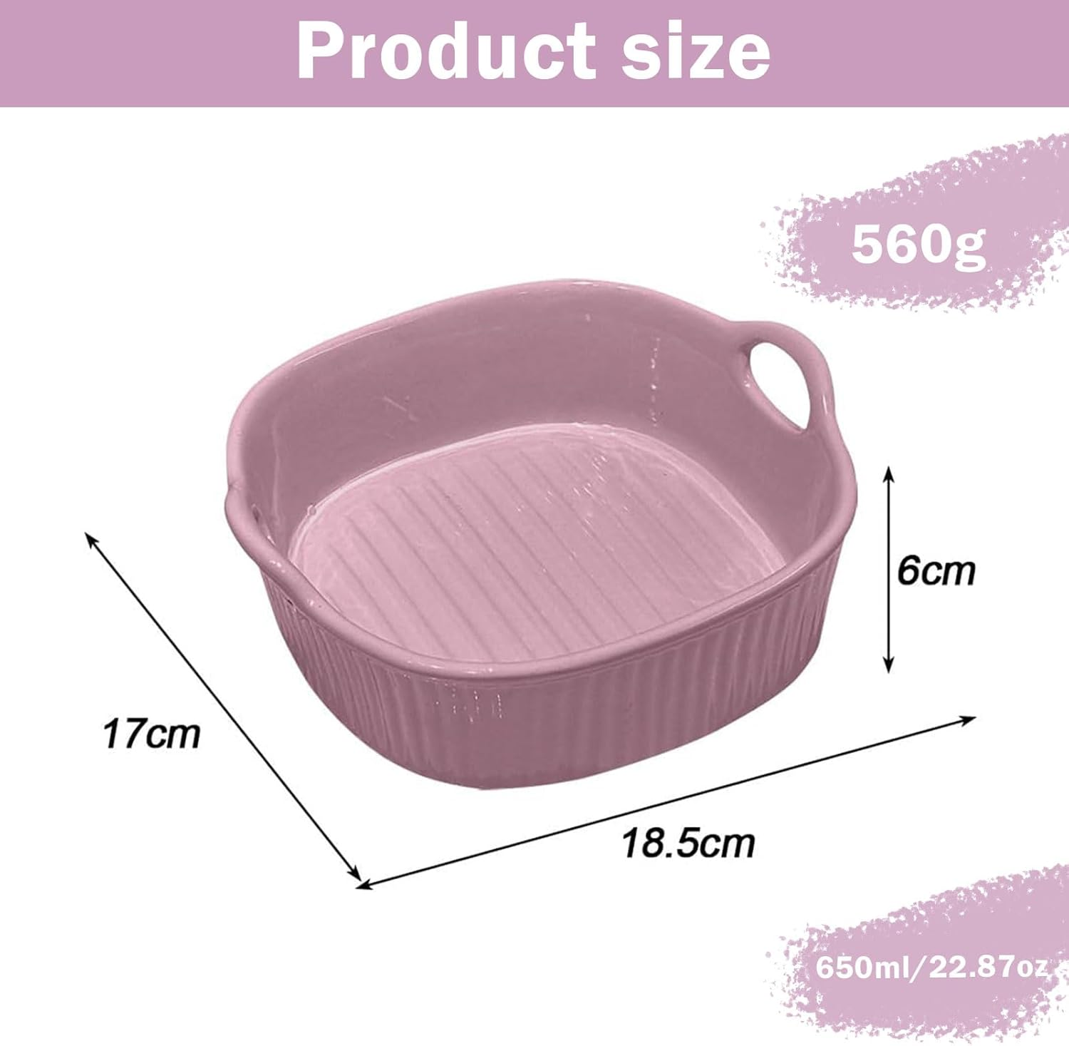Rosa Keramikschale mit Griffen, 18,5x17x6cm, 560g, 650ml.