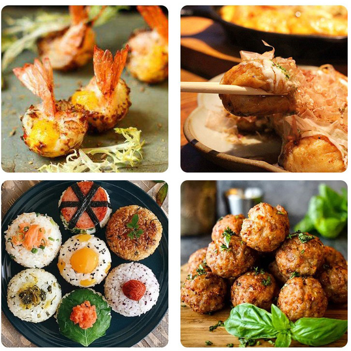 Vier Collagen aus japanischem Essen: Garnelen, Takoyaki, Reisbällchen und Fleischbällchen.
