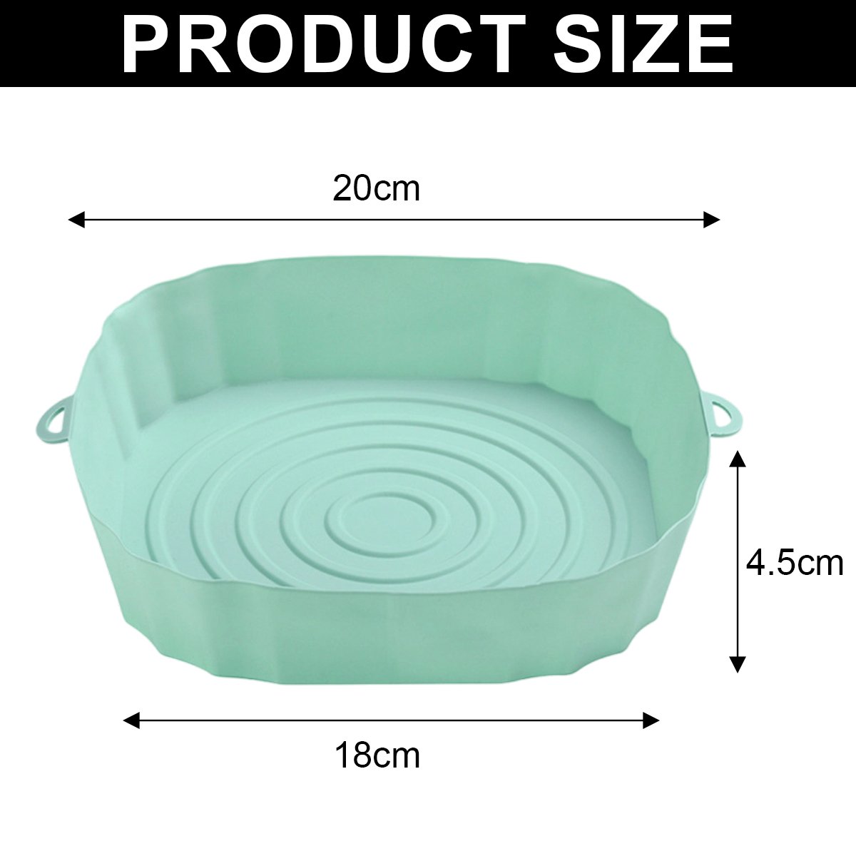 Eine hellgrüne Silikonbackform mit den Maßen 20cm Breite, 18cm Länge und 4,5cm Höhe.