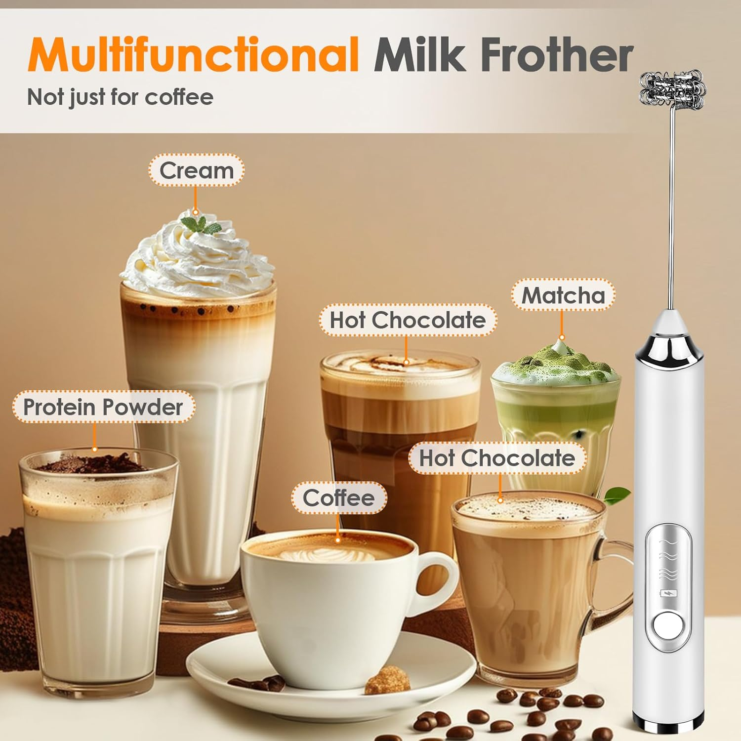 Ein weißer Milchaufschäumer steht neben verschiedenen Kaffee- und Matcha-Getränken.