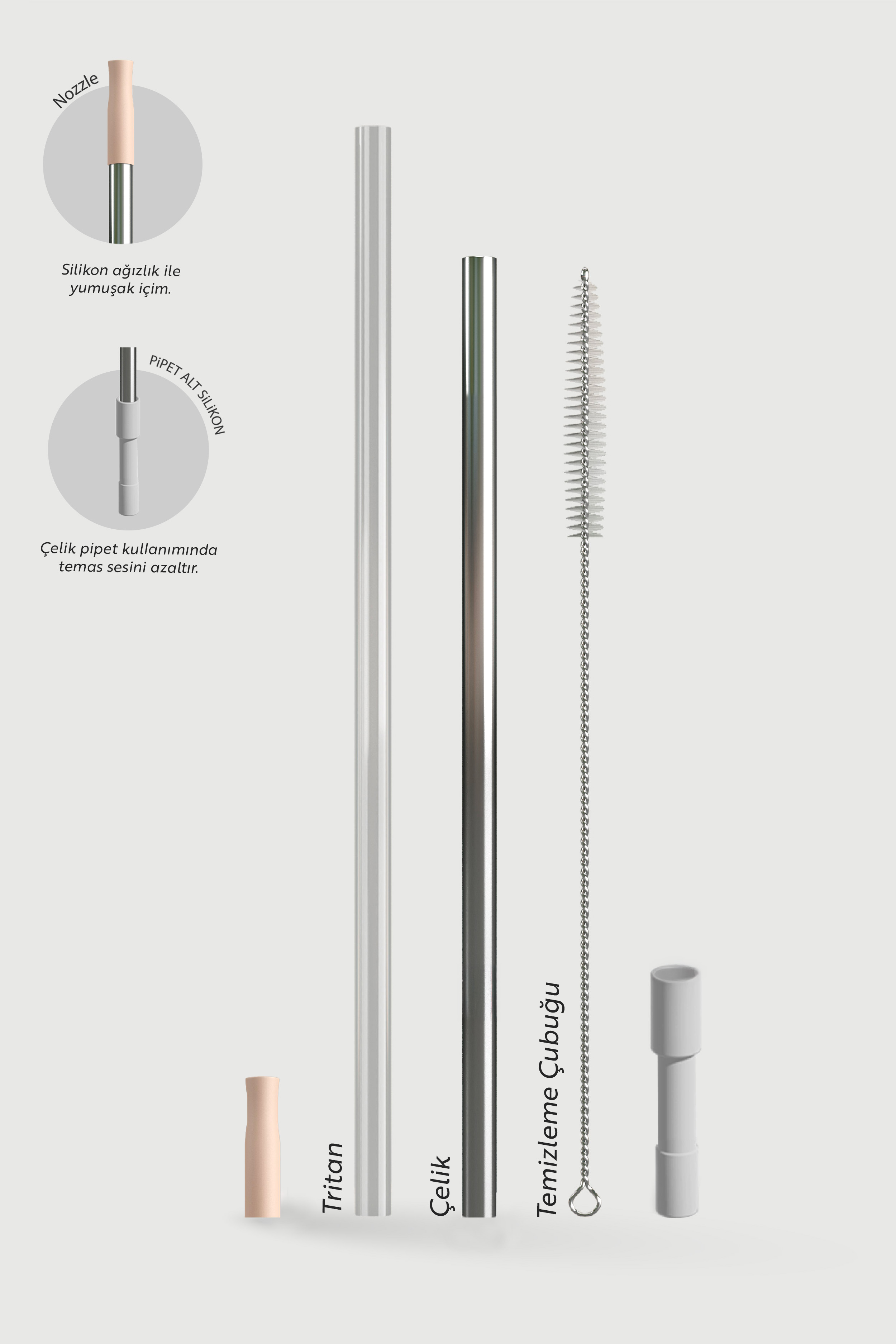 Yeniden kullanılabilir pipet seti: metal, cam, silikon ağızlık ve temizleme fırçası.