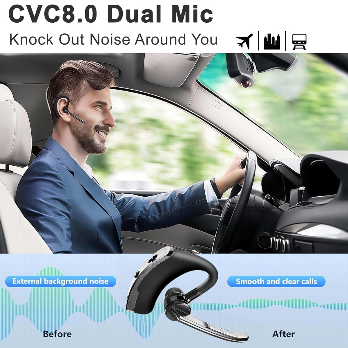 Mann im Auto mit Bluetooth-Kopfhörer, zeigt Lärmreduzierung.