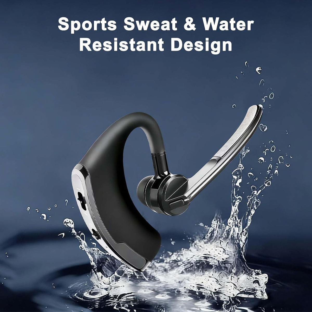 Ein schwarzes Headset mit einem silbernen Bügel, das im Wasser spritzt.