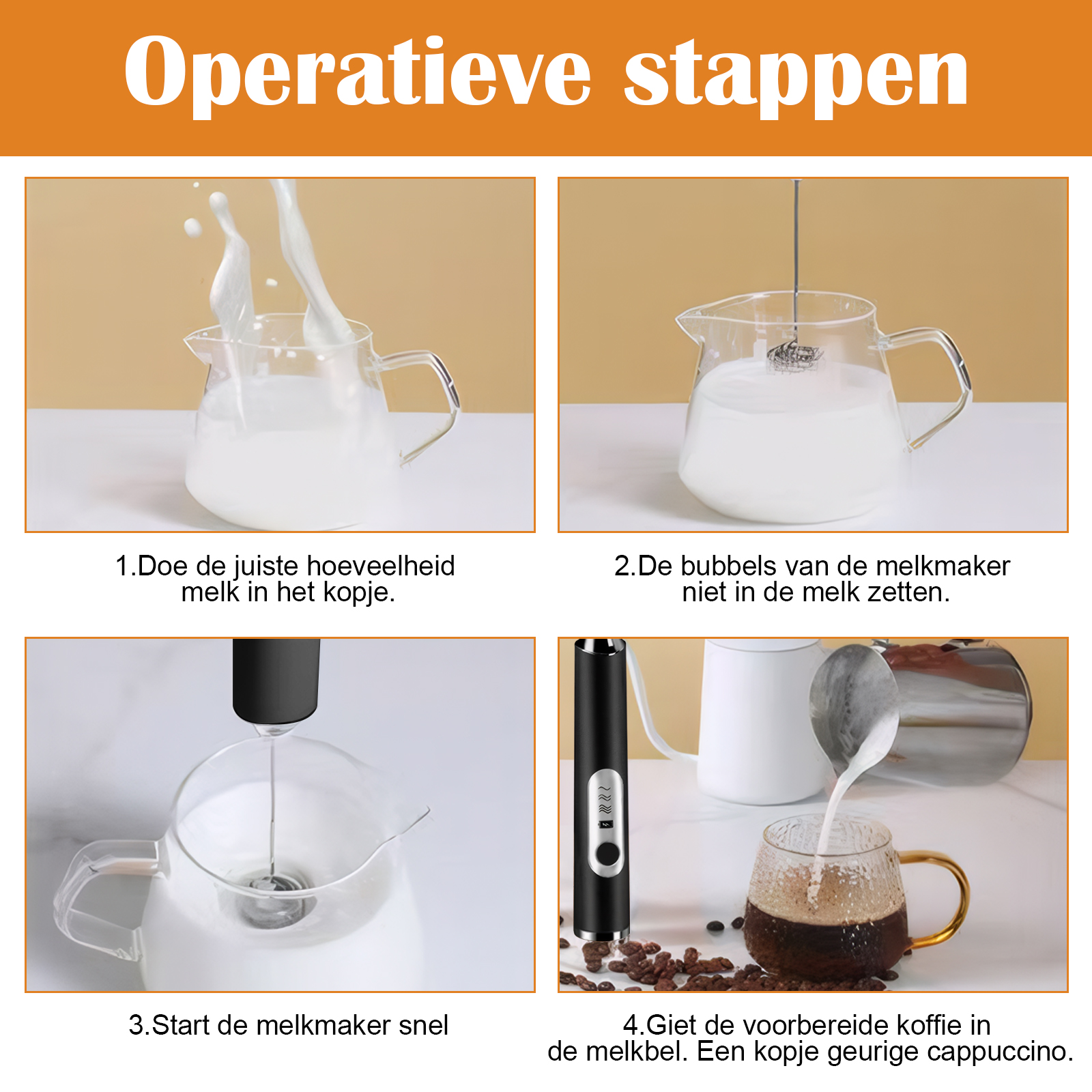 Schritte zur Zubereitung von Milchschaum für Cappuccino.