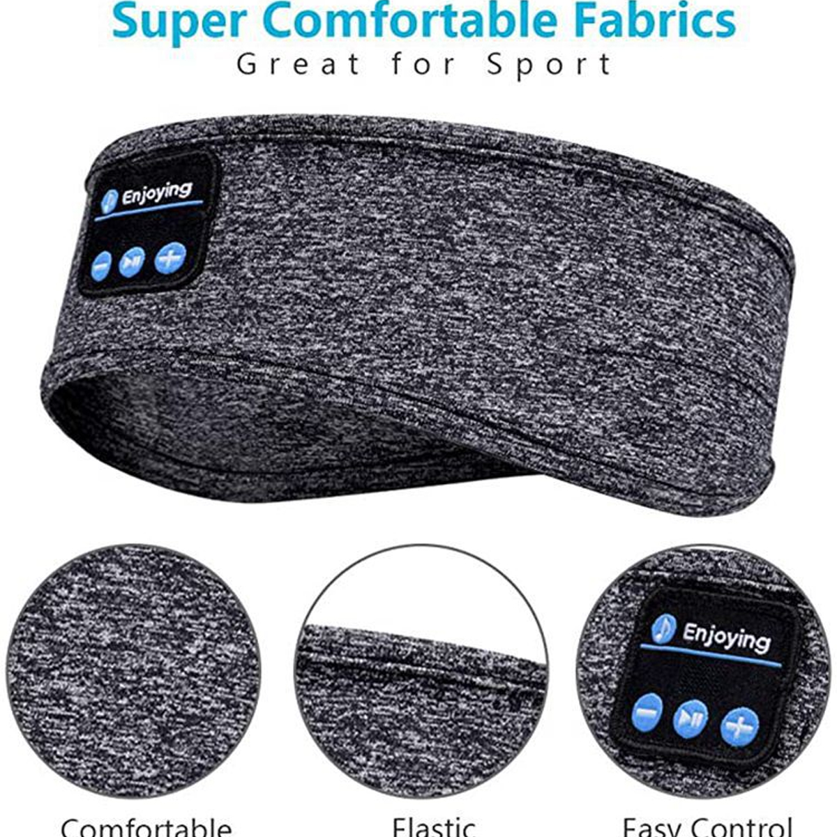 Graues Stirnband mit integrierten Bluetooth-Kopfhörern und Steuerelementen.