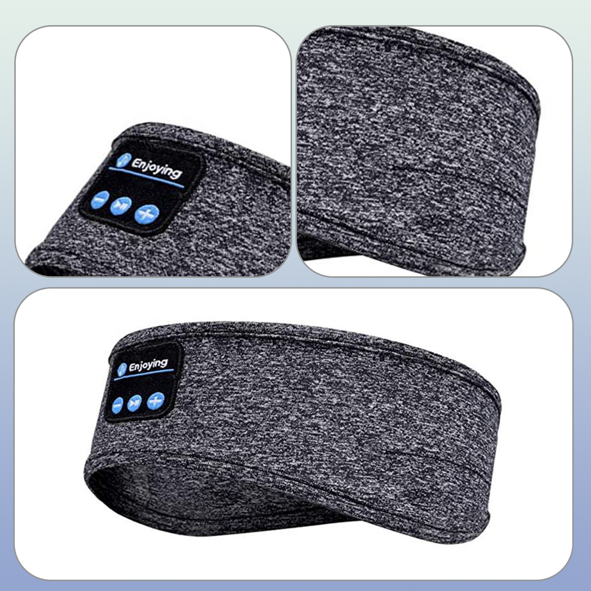 Graues Stirnband mit integrierten blauen Bluetooth-Steuerknöpfen und der Aufschrift „Enjoying“.