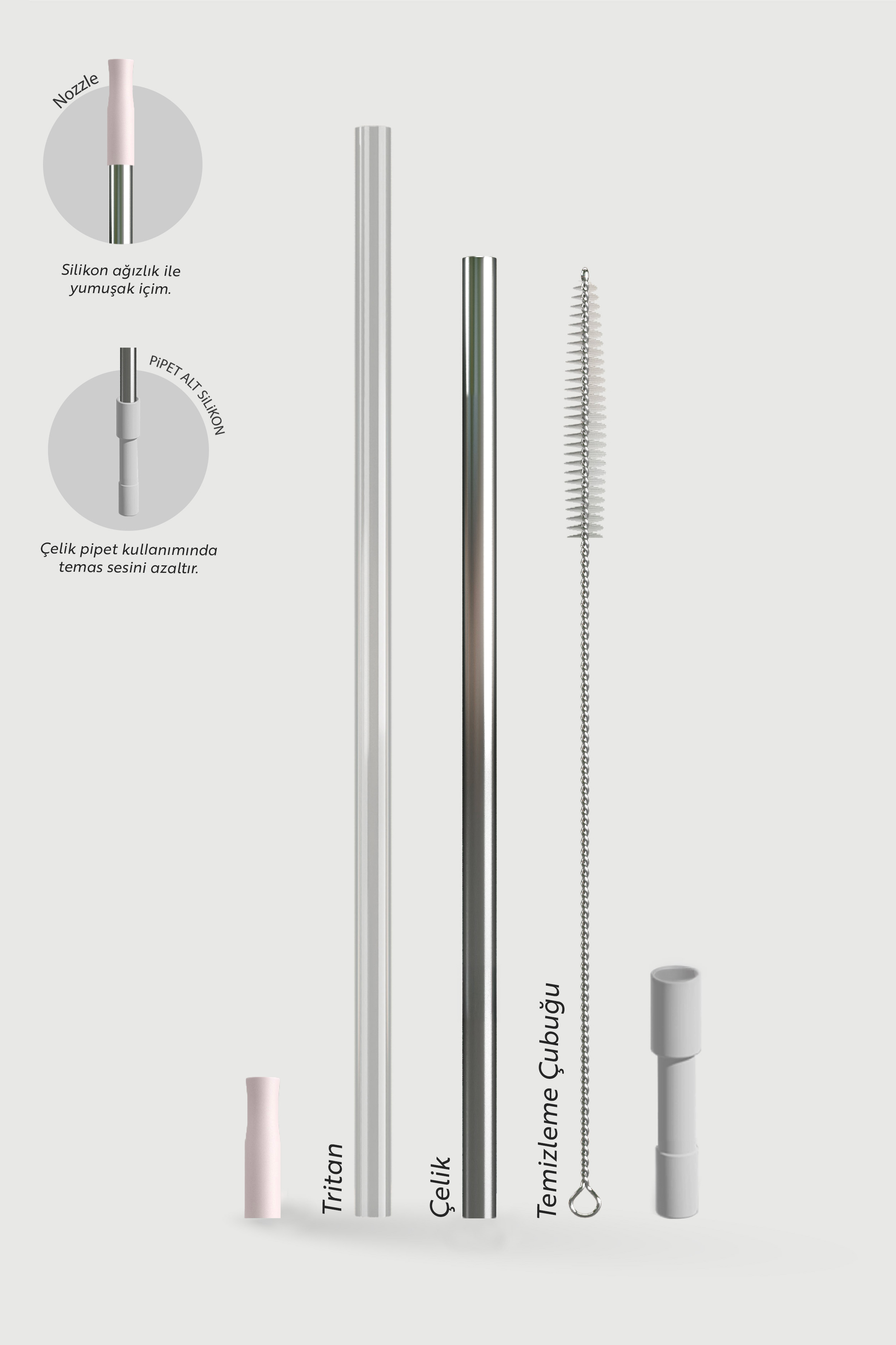 Silikon uçlu, metal, cam pipet ve temizleme fırçası seti.