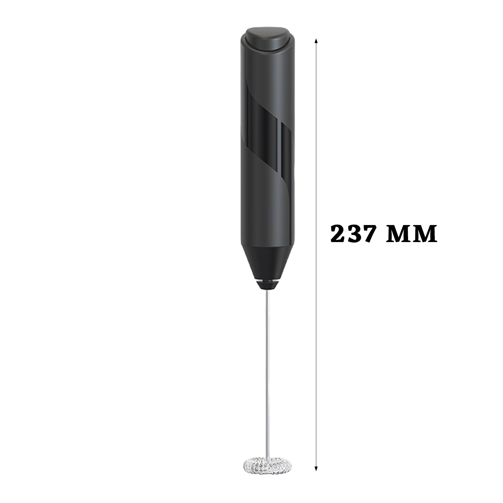 Ein schwarzer Milchaufschäumer mit silbernem Stab und Quirl. 237 mm lang.