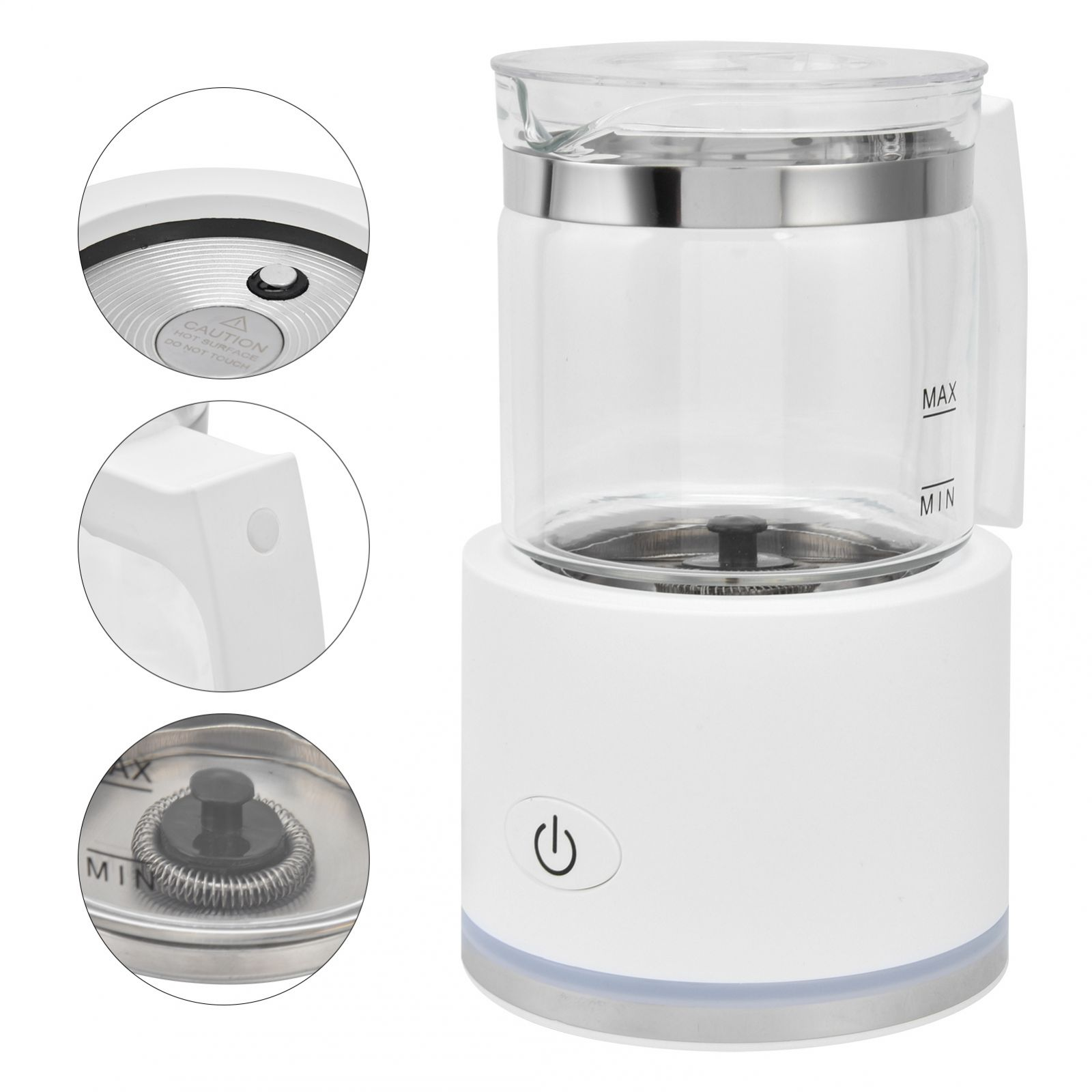 Weißer Wasserkocher mit Glaskanne, Ein-/Aus-Taste und Max-/Min-Markierungen.