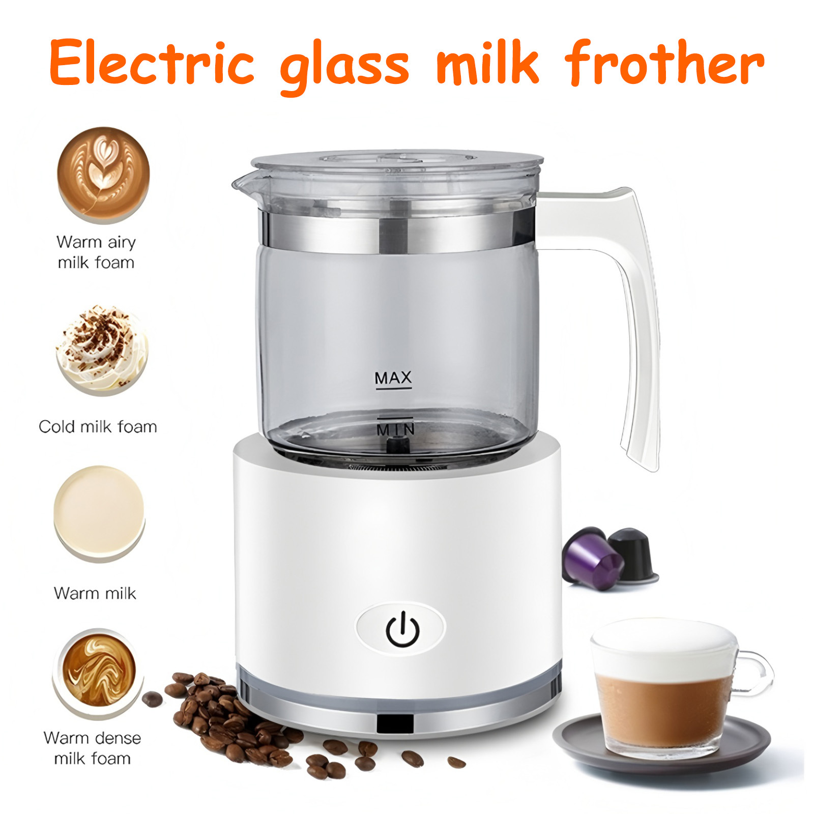 Ein weißer elektrischer Milchaufschäumer aus Glas mit Kaffee und Kaffeekapseln.