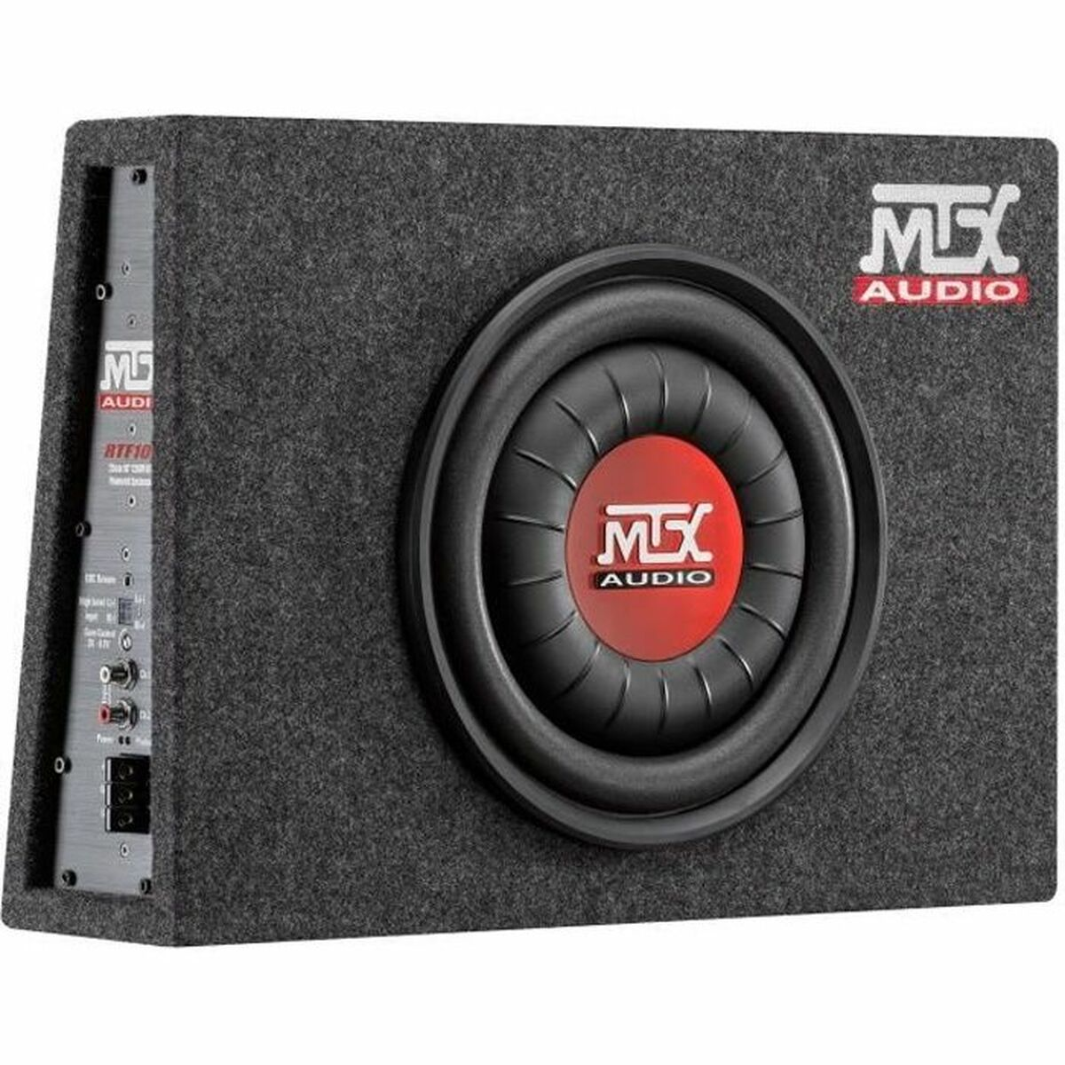 Grauer Subwoofer mit rotem MTX Audio Logo auf dem Lautsprecher und der Seite.