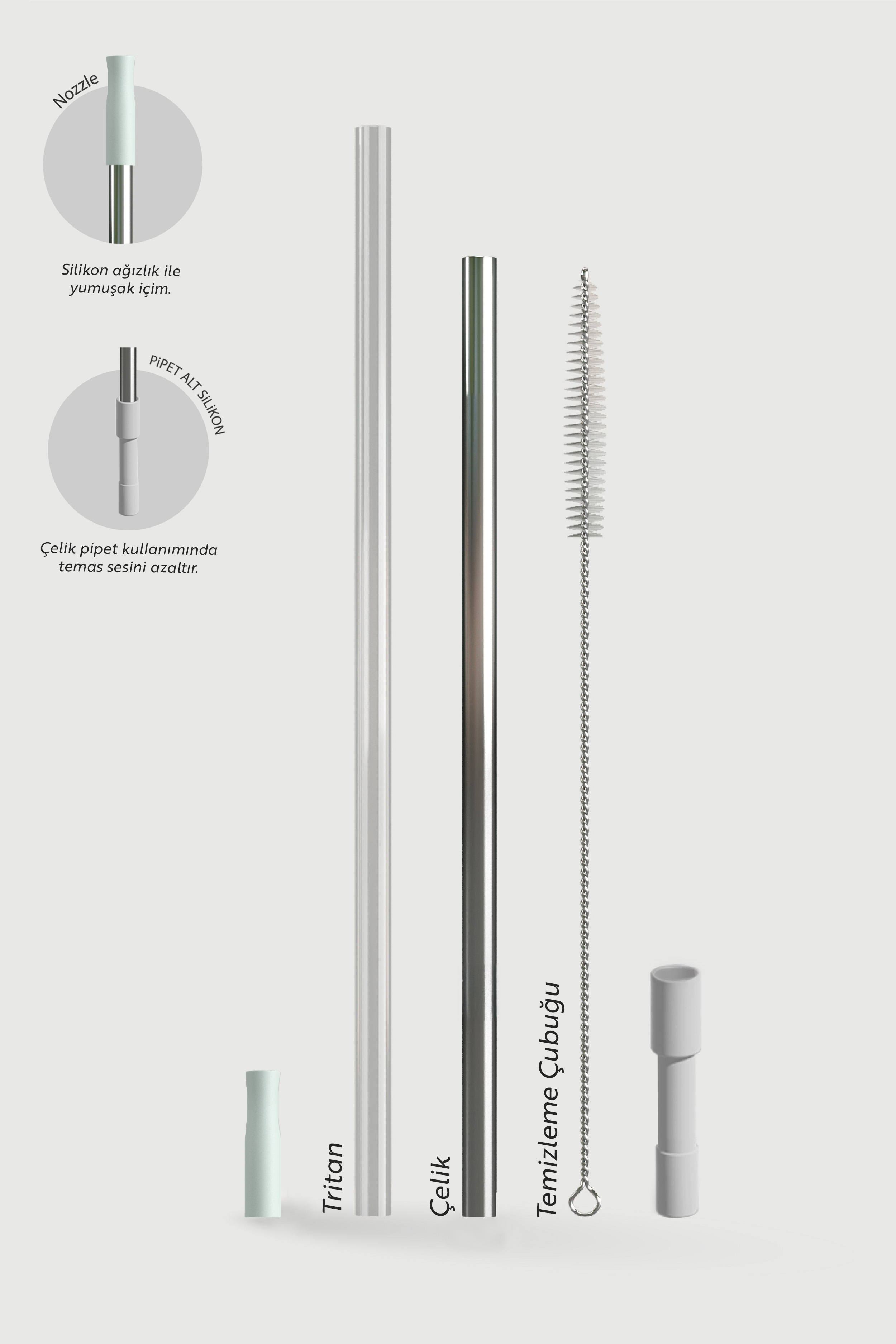 Çeşitli pipetler: Tritan, metal, temizleme fırçası ve ağızlık.