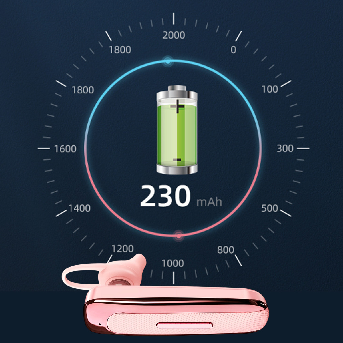Ein roségoldenes Headset liegt vor einer Anzeige mit einem Akkusymbol und 230 mAh.