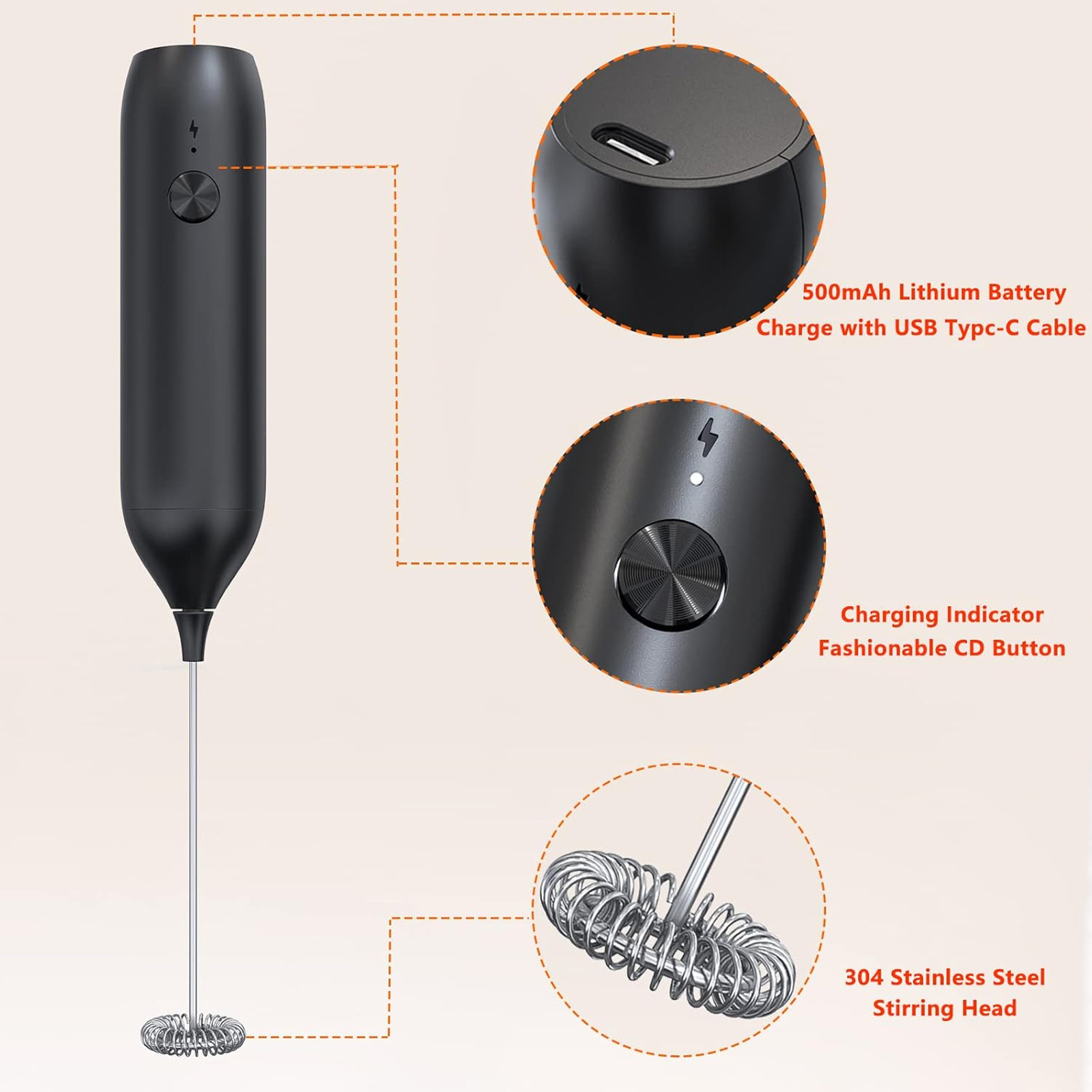 Schwarzer Milchaufschäumer mit USB-C, Knopf und Edelstahl-Rührkopf.