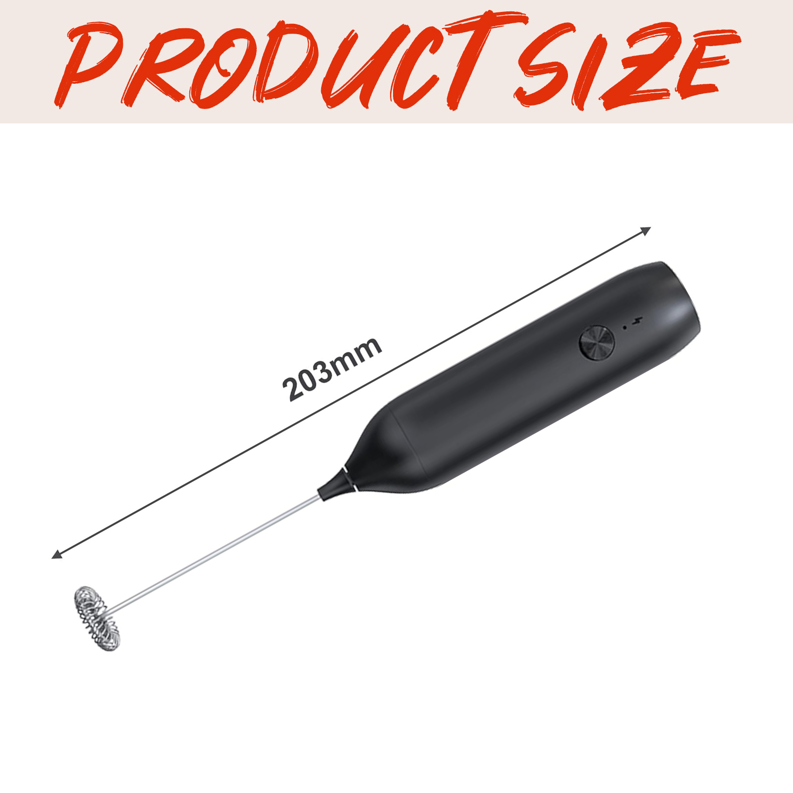 Schwarzer elektrischer Milchaufschäumer mit 203 mm Länge, mit Knopf oben.