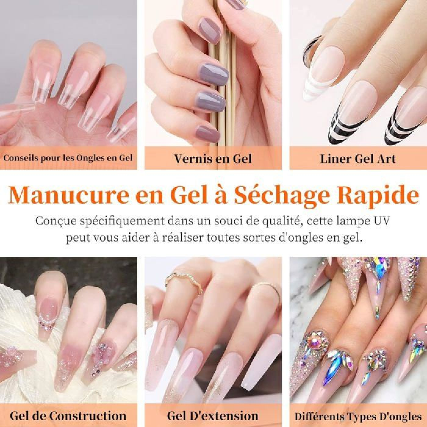 Sechs Hände mit unterschiedlichen Nageldesigns, von klaren Verlängerungen bis zu aufwendigen Verzierungen.