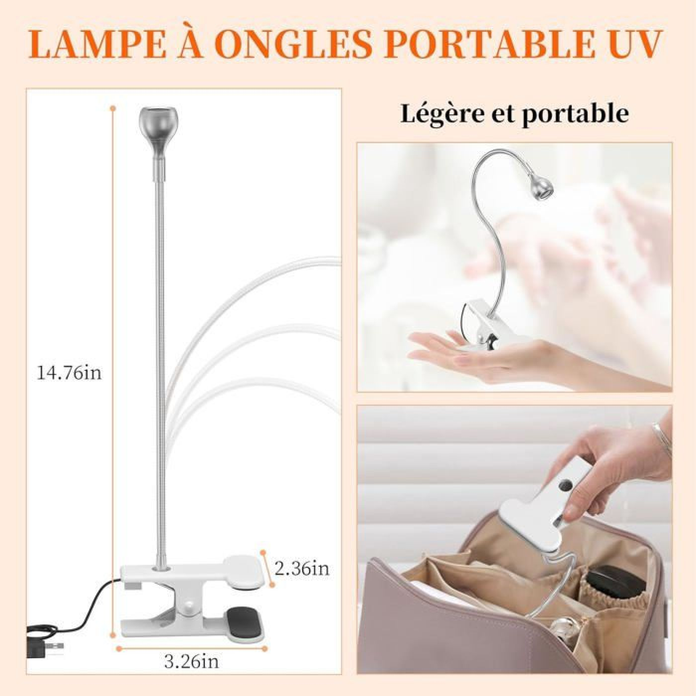 Eine tragbare UV-Nagellampe mit angegebenen Maßen wird gezeigt. Sie klemmt an Oberflächen und passt in eine Tasche.