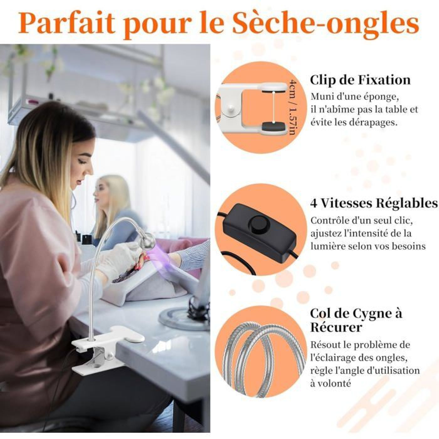 Nagelstudio-Lampe mit Klemmfuß und flexiblem Hals für Maniküre.
