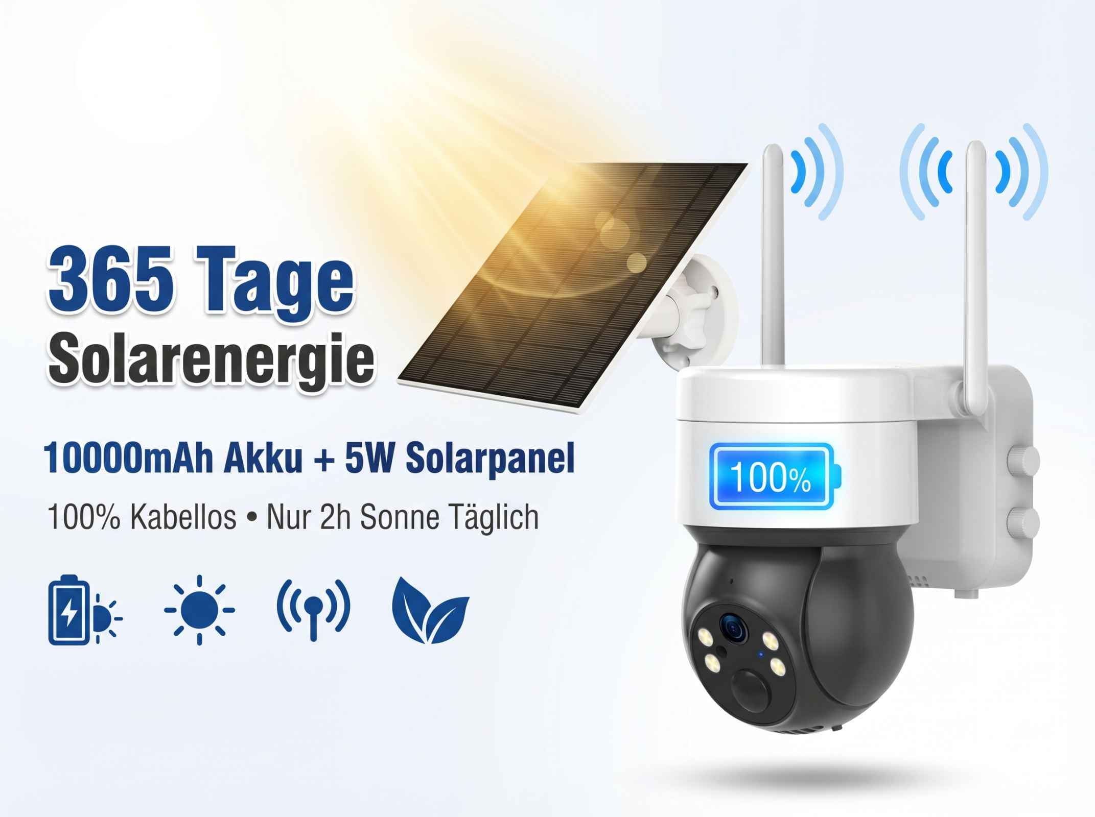 Überwachungskamera mit Solarmodul, Akkuanzeige 100%, 365 Tage Solarenergie.