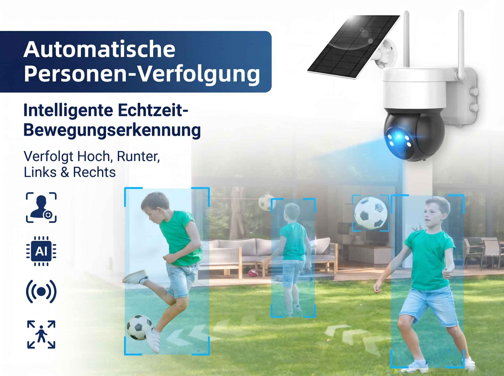 Überwachungskamera mit Solarpaneel verfolgt Kinder, die Fußball spielen.