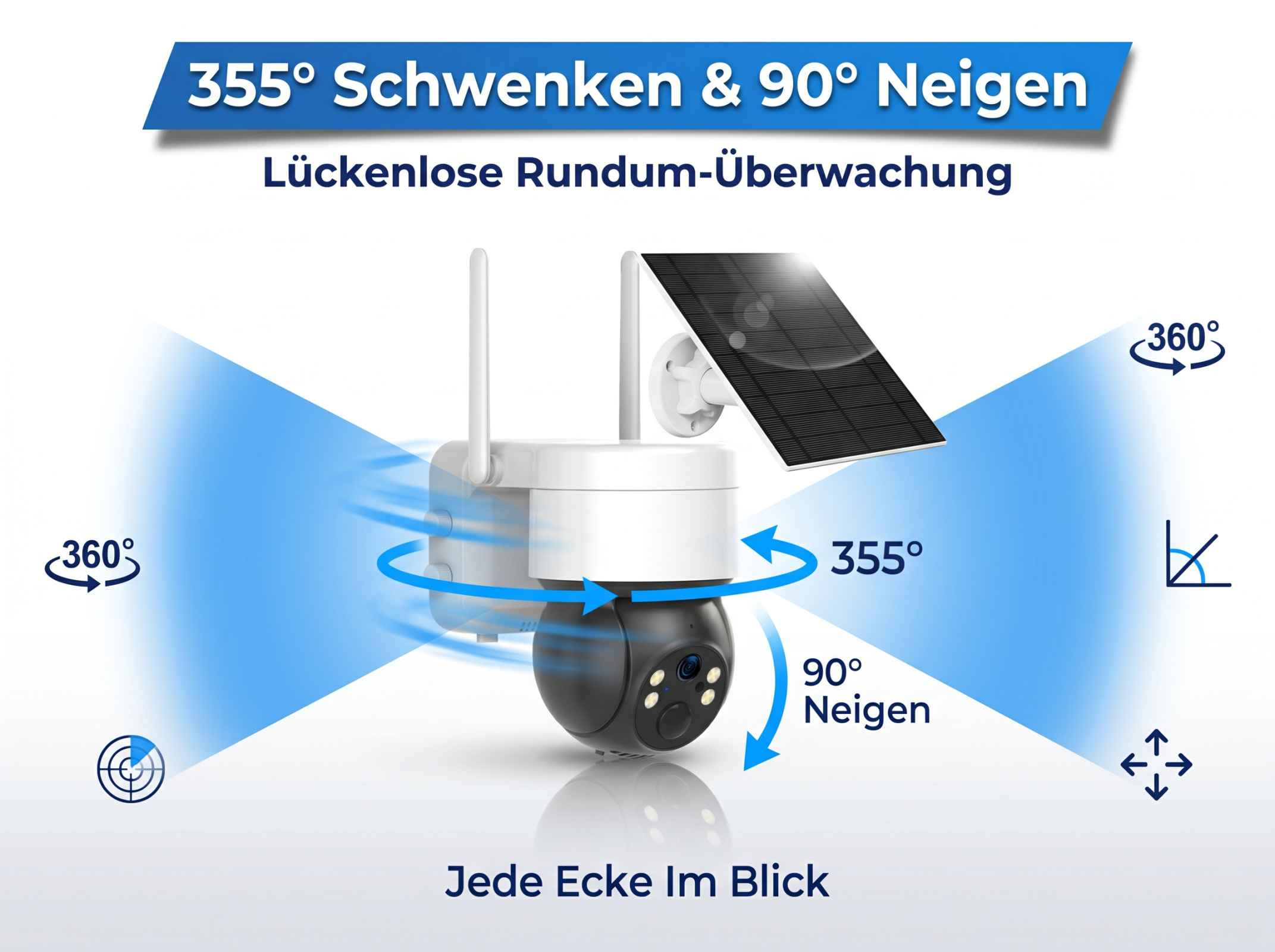 Überwachungskamera mit Solarpanel, 355° Schwenken, 90° Neigen.
