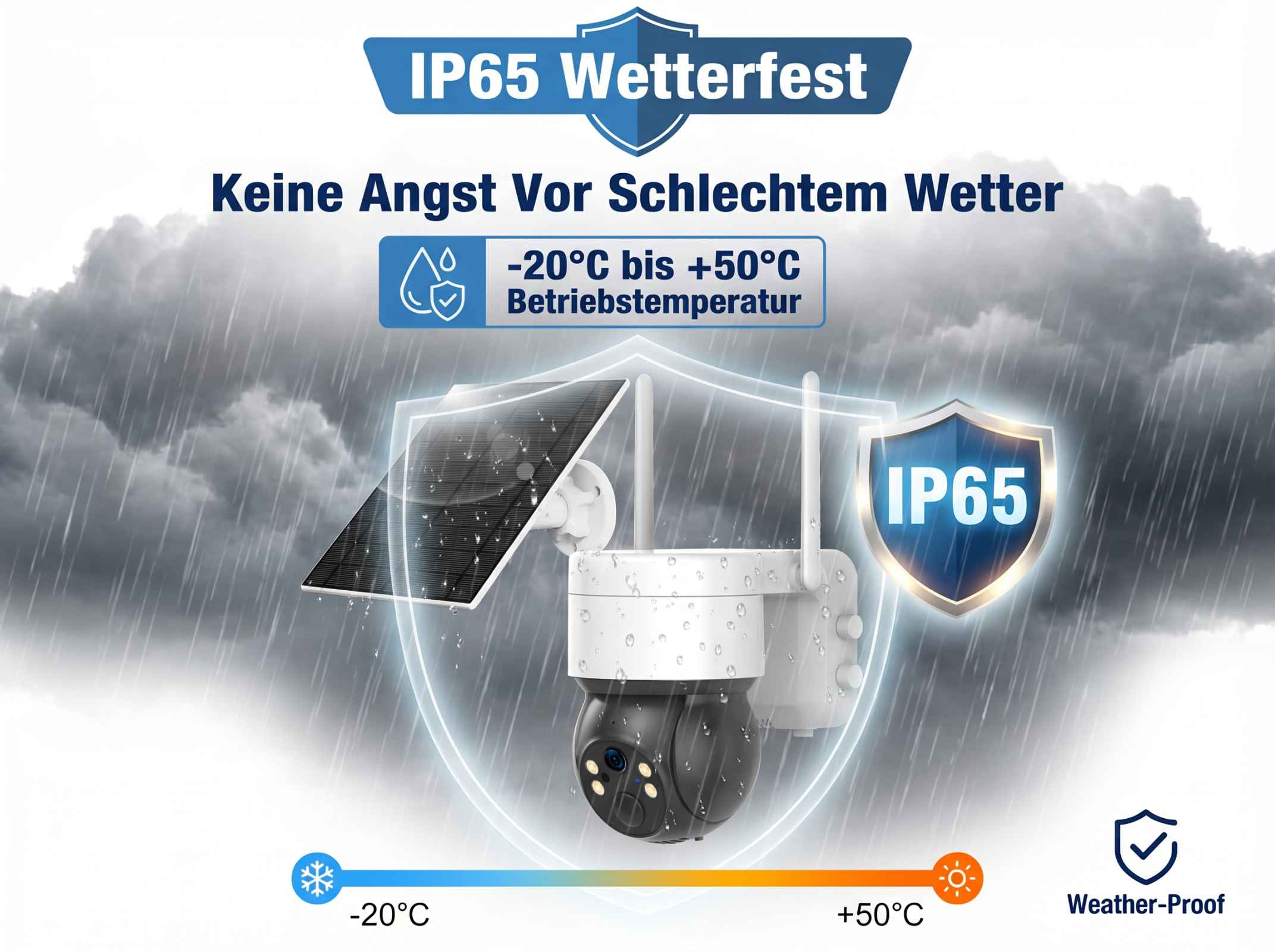Eine wetterfeste IP65 Kamera mit Solarpanel und Antennen im Regen.