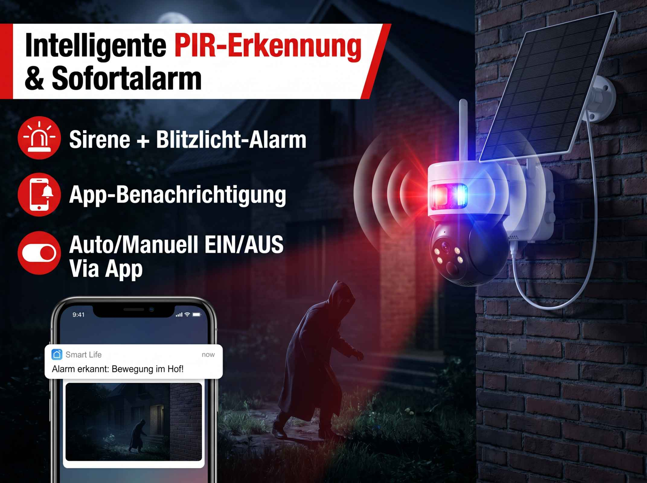 Überwachungskamera mit Solarmodul, Sirene, Blitzlicht und App-Alarm bei Bewegung.