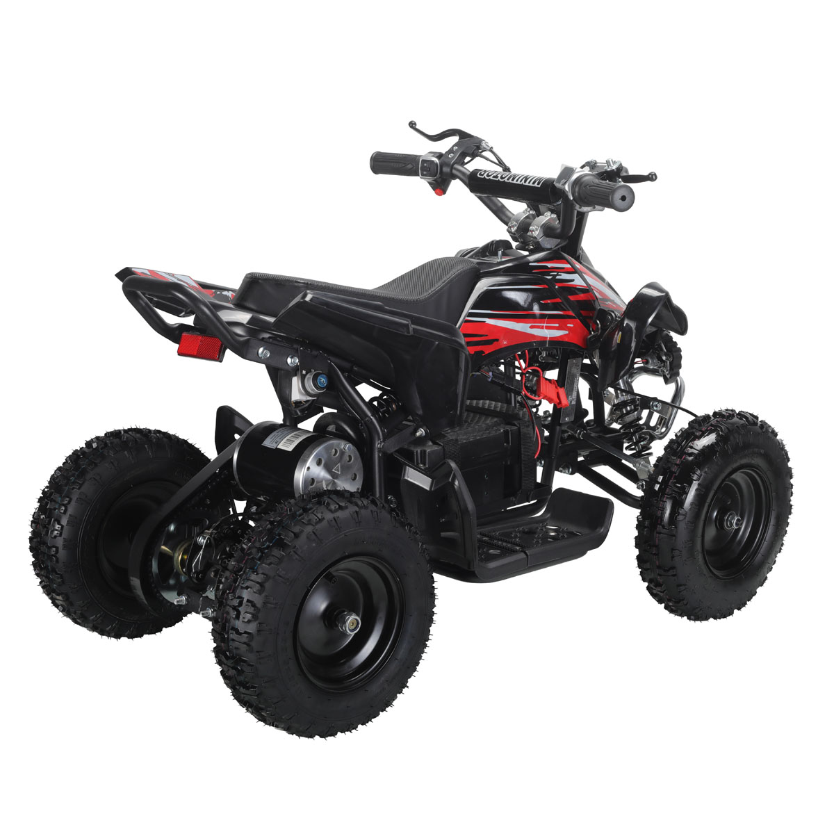 Czarny i czerwony quad dziecięcy z gumowymi oponami i kierownicą.