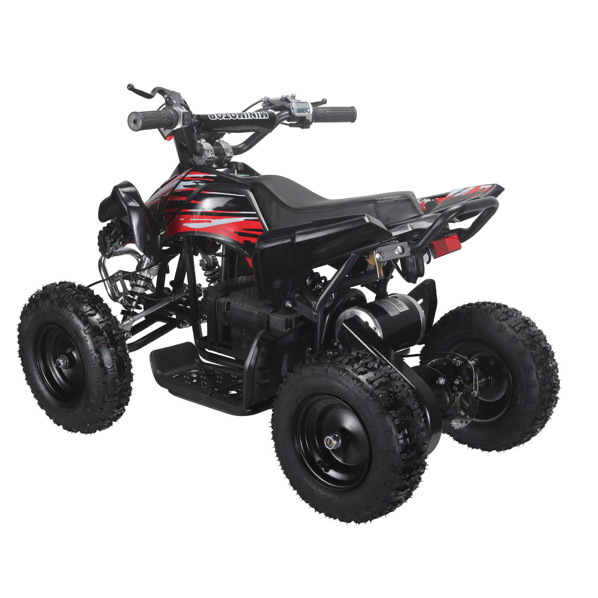 Czarny mini quad z czerwonymi akcentami płomieni, widziany od tyłu i z lewej strony.