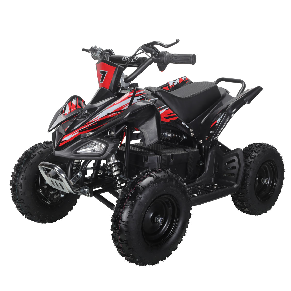Czarny i czerwony quad z numerem 7 z przodu, na białym tle.