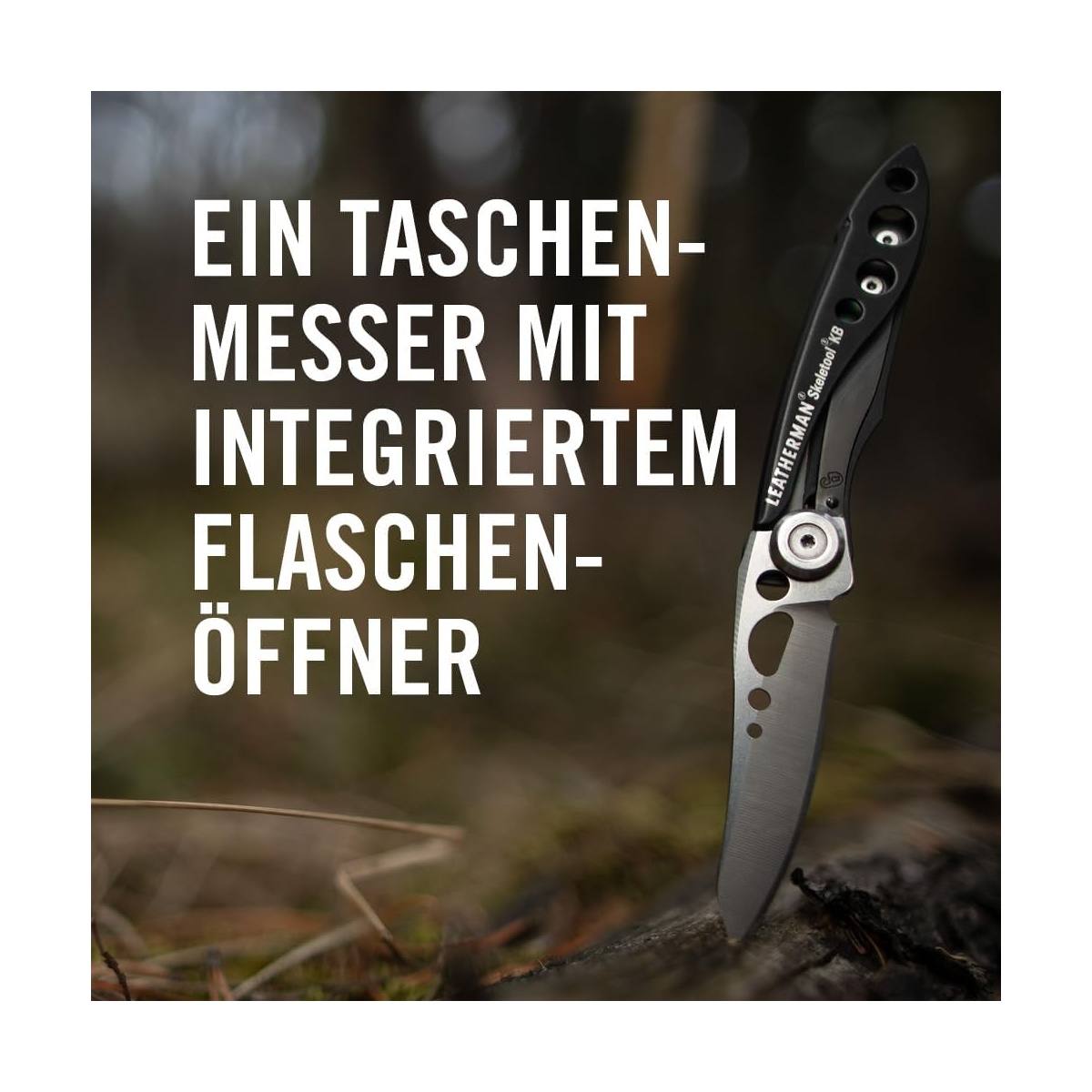 Ein schwarzes Taschenmesser mit Flaschenöffner steht auf Holz.
