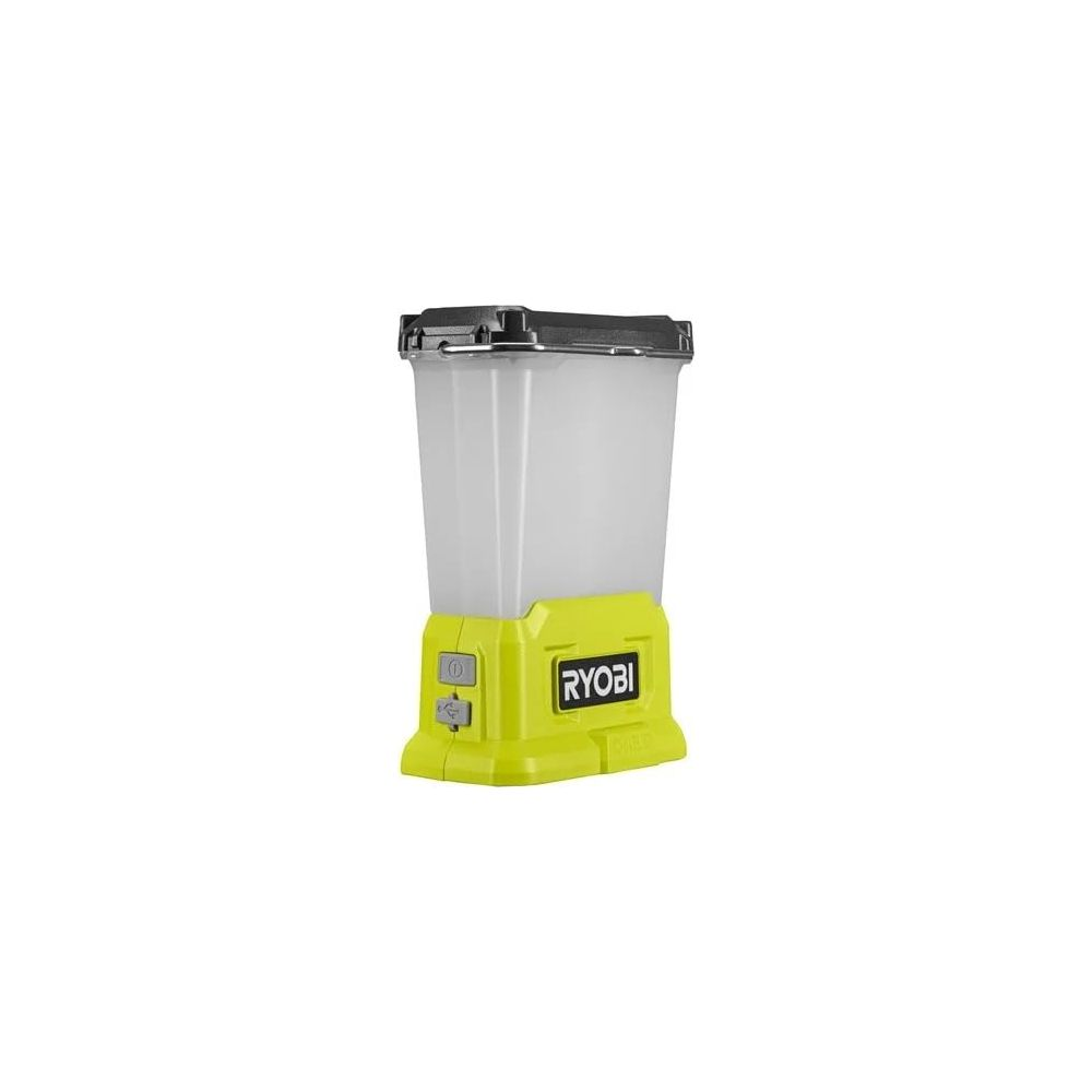 Une lampe de travail jaune et blanche avec le logo Ryobi.