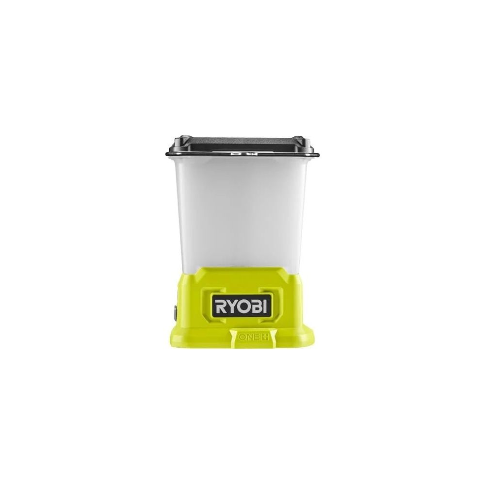 Une lanterne Ryobi verte et blanche avec un dessus noir sur fond blanc.