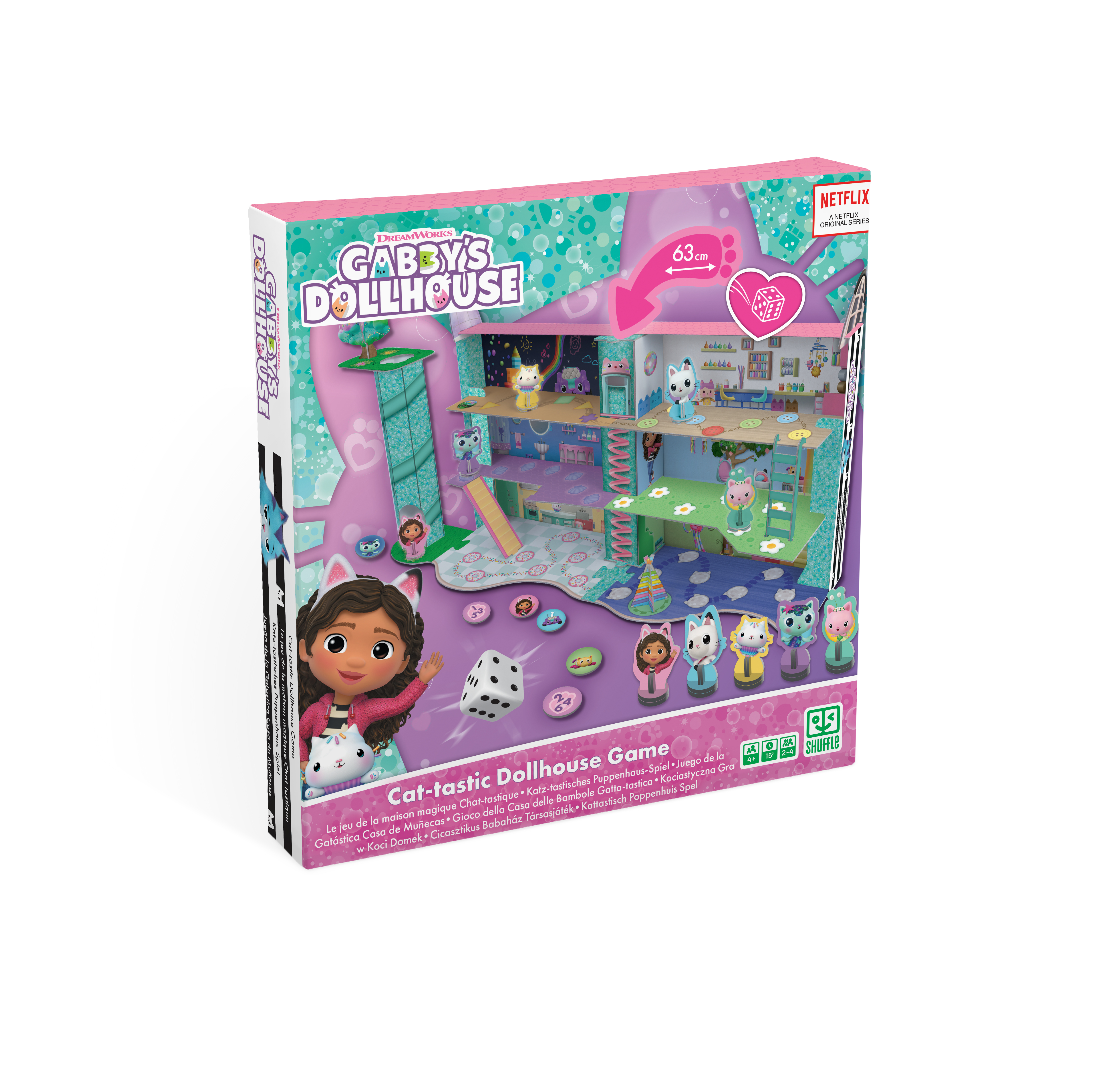 Spiel "Gabby's Dollhouse" mit Figuren, Würfel und Spielbrett. Vom Netflix-Original.