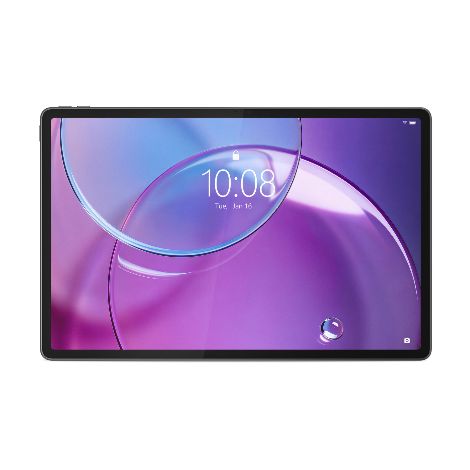 Ein dunkler Tablet-Computer mit einem lila und blauen Hintergrundbildschirm, der die Uhrzeit anzeigt.