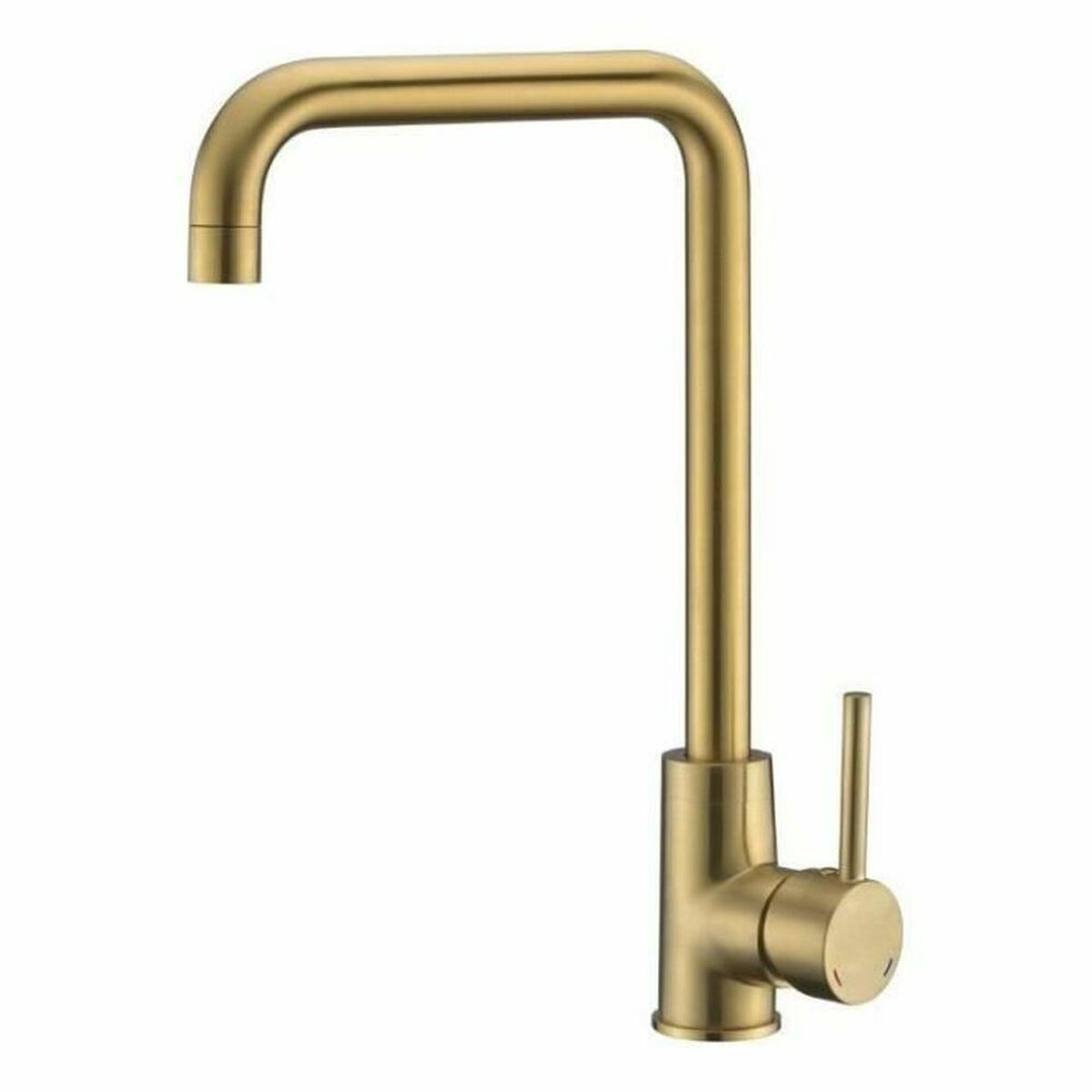 Ein moderner goldener Wasserhahn mit einem gebogenen Auslauf und einem einzelnen Griff.