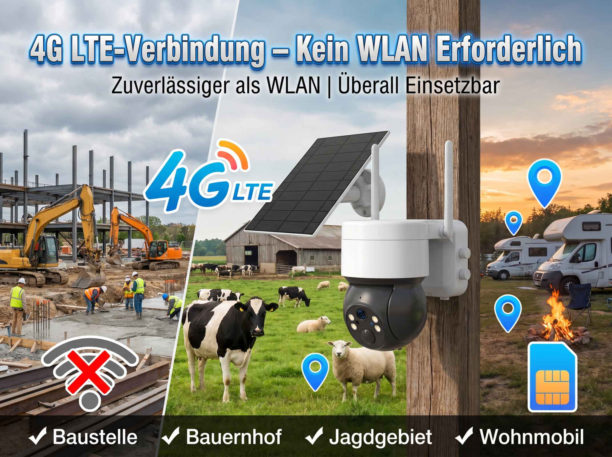 4G LTE-Kamera mit Solarpanel an Holzpfahl, Baustelle, Bauernhof, Jagdgebiet, Wohnmobil.
