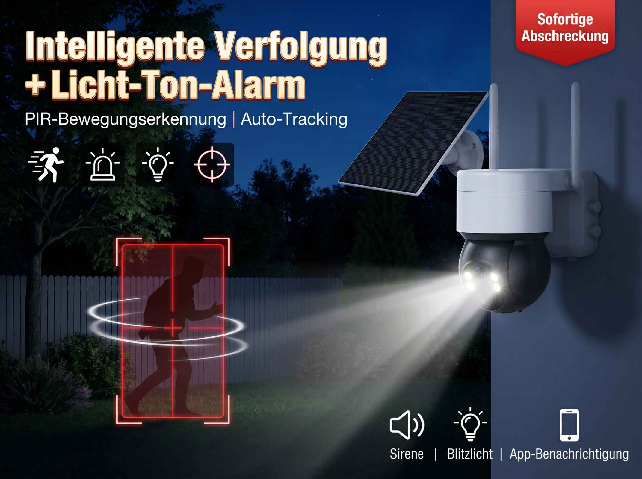 Sicherheitskamera mit Nachtsicht, Solarpanel, Scheinwerfer und Bewegungserkennung.