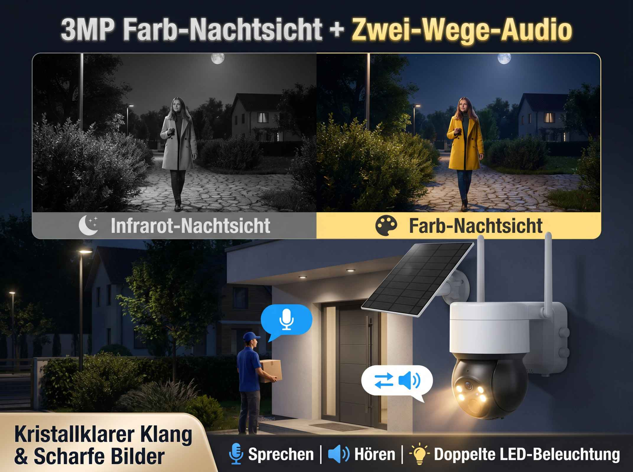 Überwachungskamera mit Farb-Nachtsicht, Zwei-Wege-Audio, Solarpanel und LED-Beleuchtung.