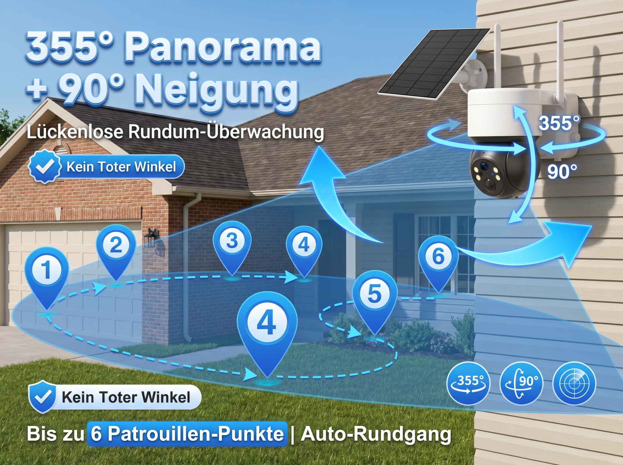 Überwachungskamera mit 355° Panorama und 90° Neigung, Patrouillenpunkte.