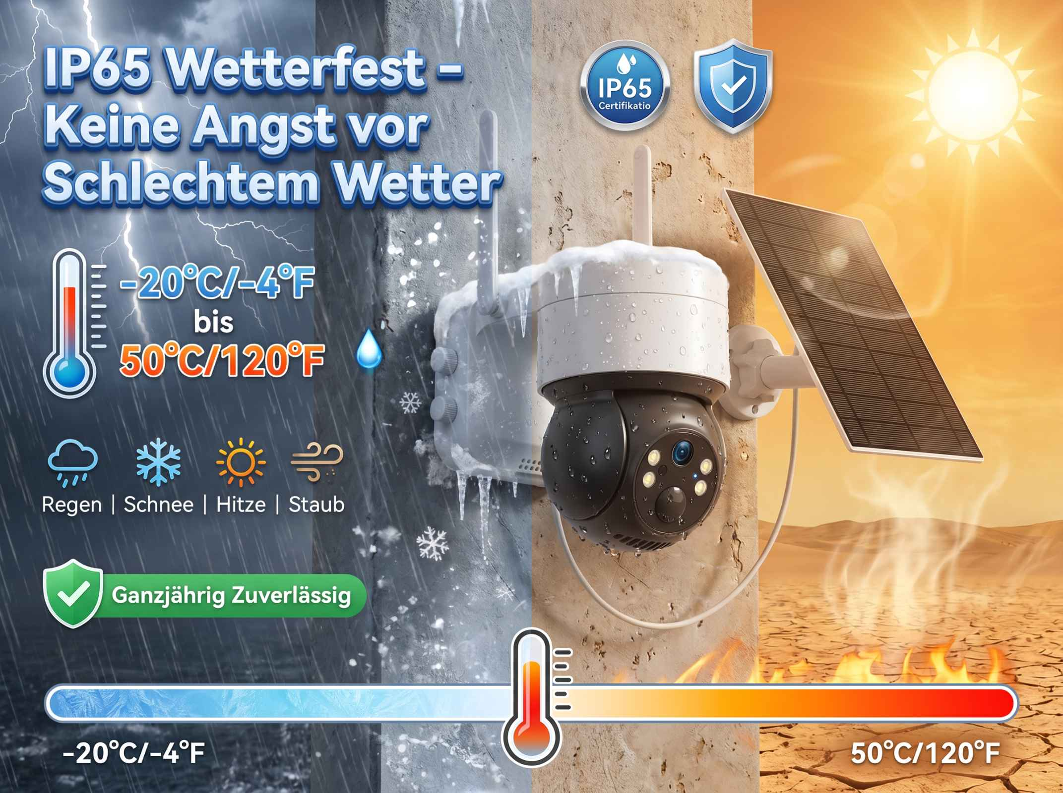 Eine Überwachungskamera mit Solarpanel, die extremen Temperaturen und Wetter standhält.