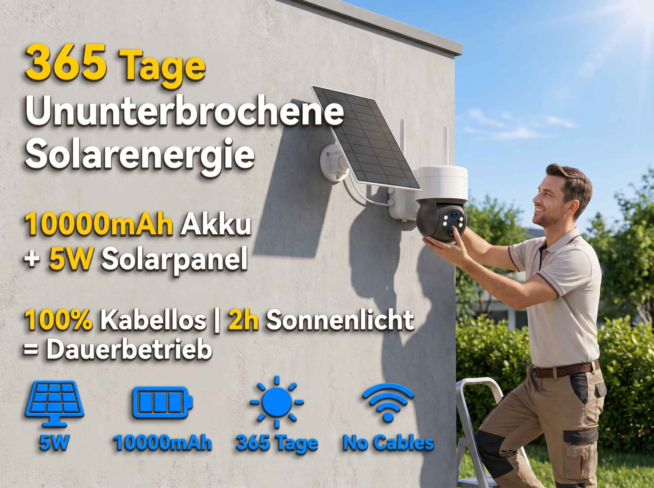 Mann installiert Solar-Überwachungskamera. 365 Tage Solar, 10000mAh Akku.