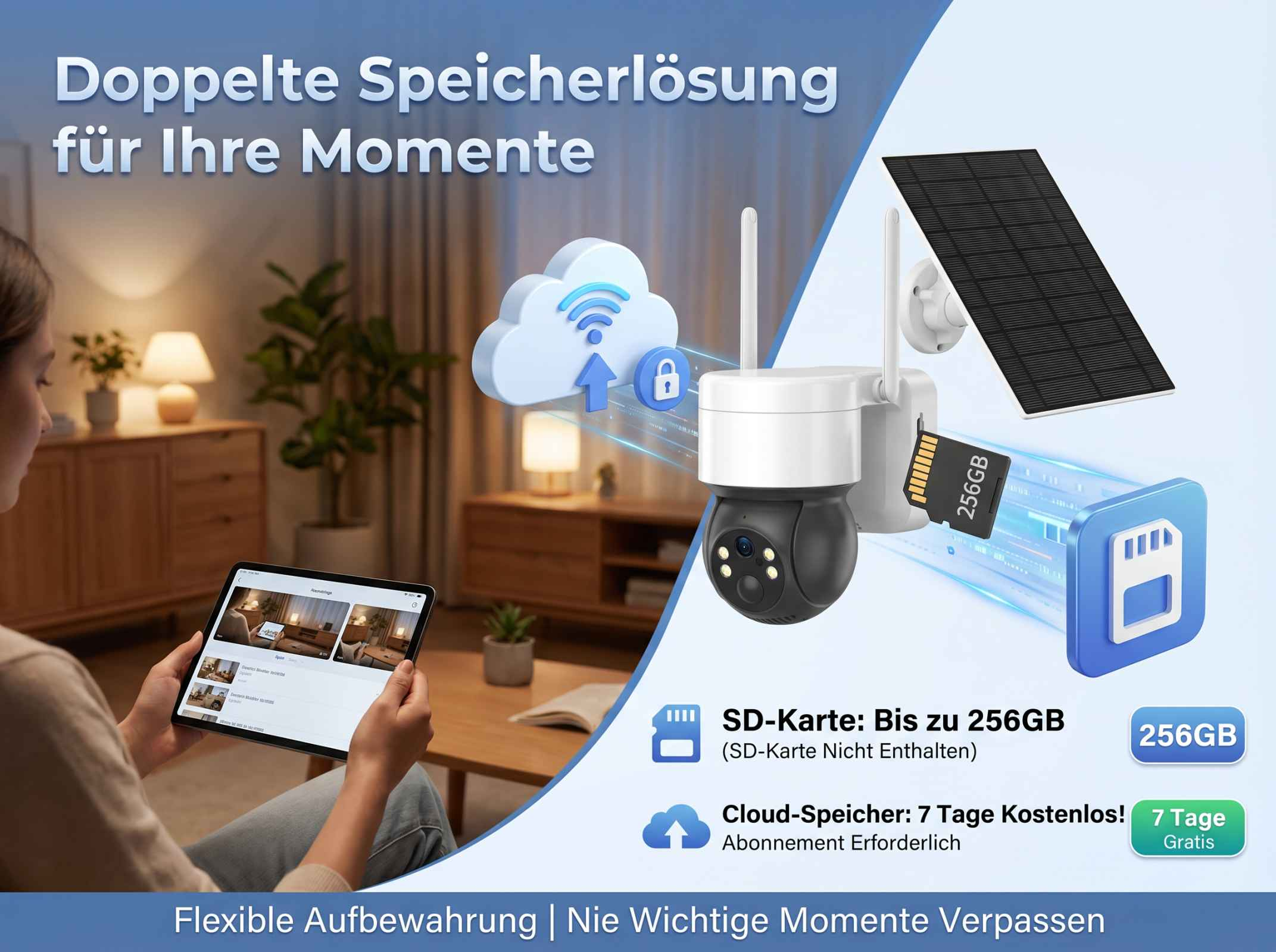 Überwachungskamera mit Solarpanel, SD-Karte und Cloud-Speicheroptionen.