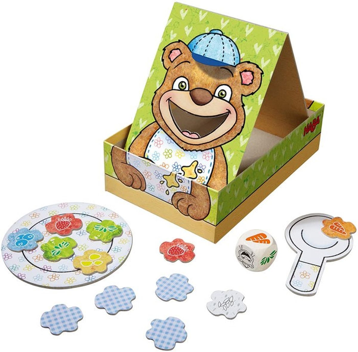 Gioco con orso, piatto, dado e carte con frutta.