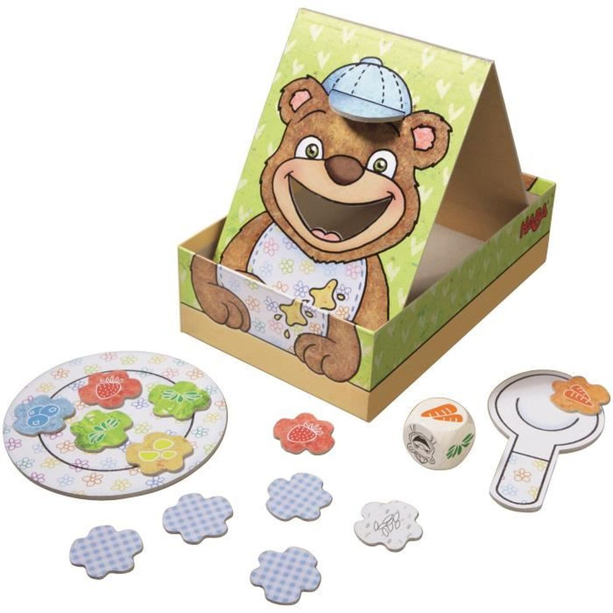 Un gioco a tema orso con gettoni, un dado e una lente d'ingrandimento.