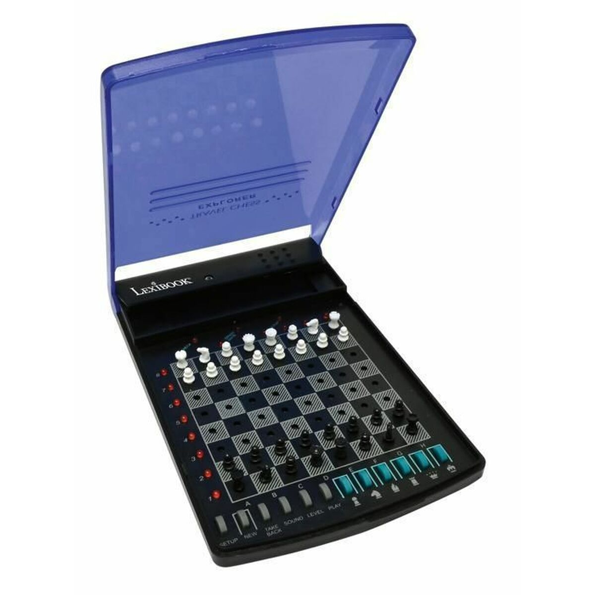 Un gioco di scacchi elettronico portatile con coperchio blu, pezzi bianchi e neri.